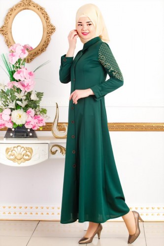 Kolları Nakış İşlemeli Ferace-3596 Zümrütyeşili - 4