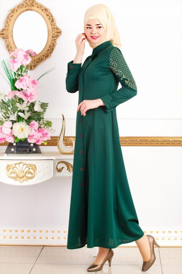 Kolları Nakış İşlemeli Ferace-3596 Zümrütyeşili - 4