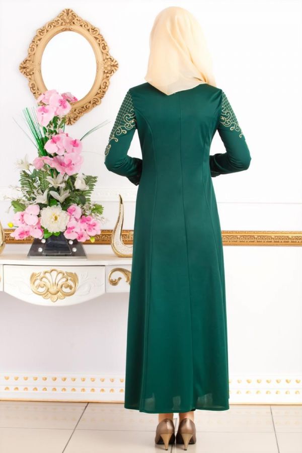 Kolları Nakış İşlemeli Ferace-3596 Zümrütyeşili - 5