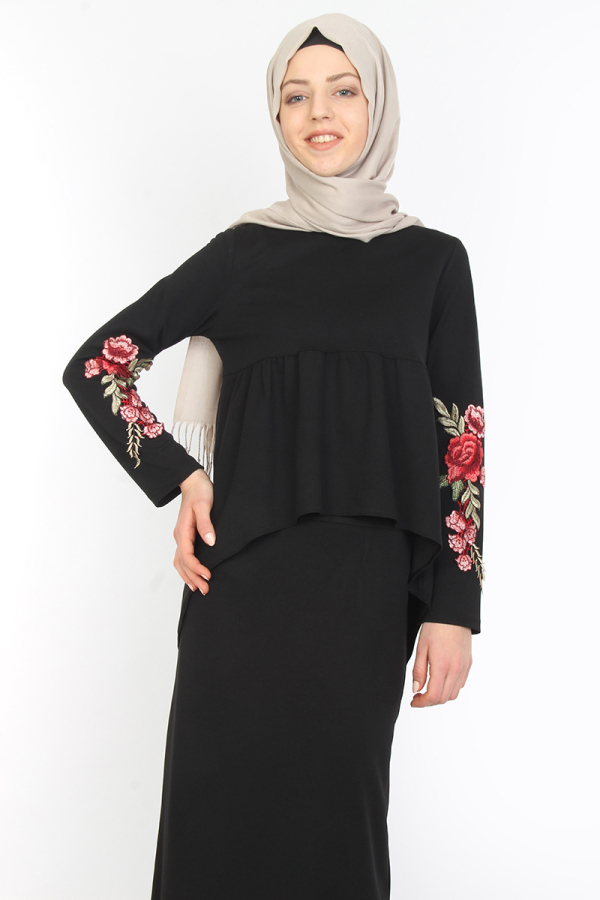 Kolları Nakışlı Etekli Takım Siyah-1173