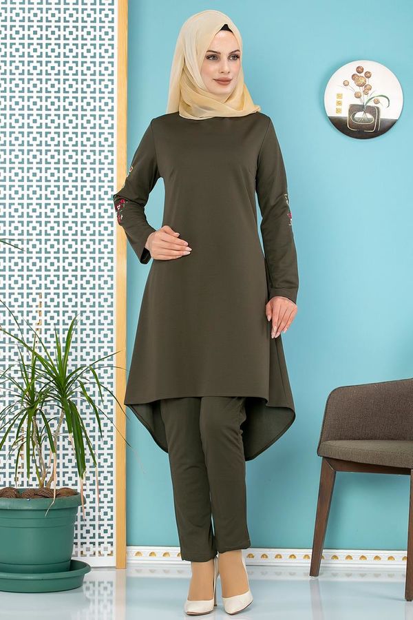 Kolları Nakışlı İkili Kombin-3558 Hakiyeşil