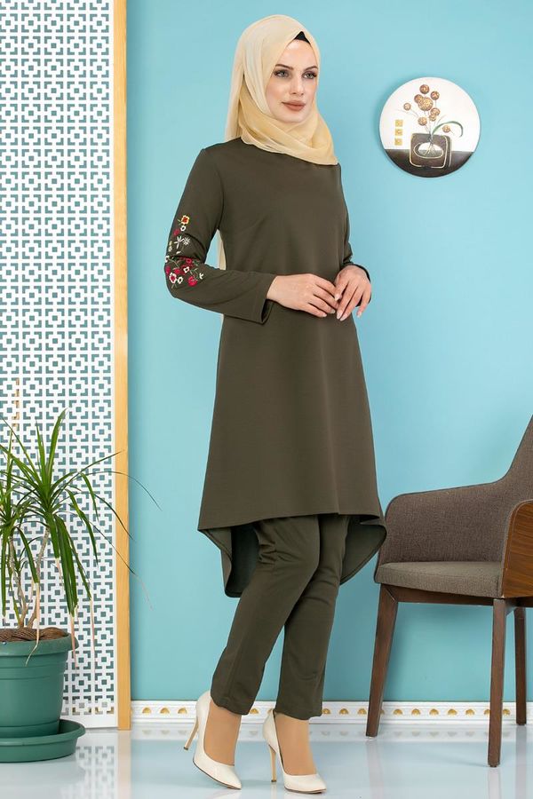 Kolları Nakışlı İkili Kombin-3558 Hakiyeşil