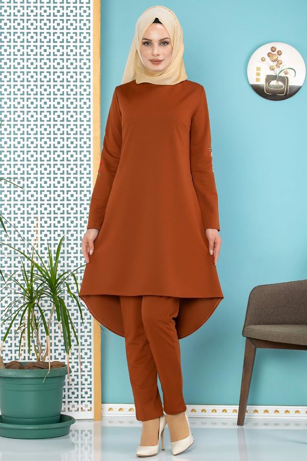 Kolları Nakışlı İkili Kombin-3558 Kiremit