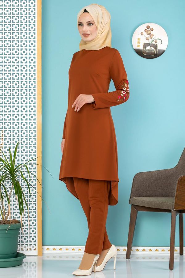 Kolları Nakışlı İkili Kombin-3558 Kiremit