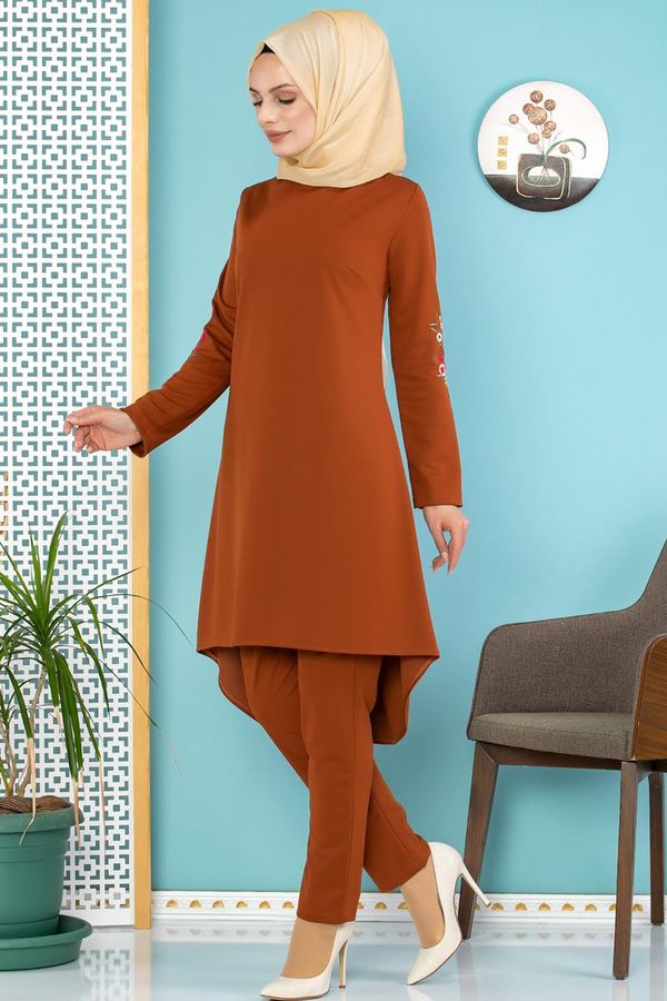 Kolları Nakışlı İkili Kombin-3558 Kiremit