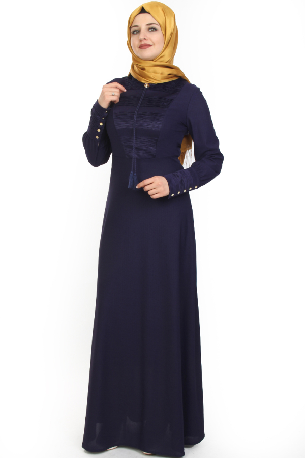 Kolları Sık Düğmeli Broşlu Elbise-mor0078