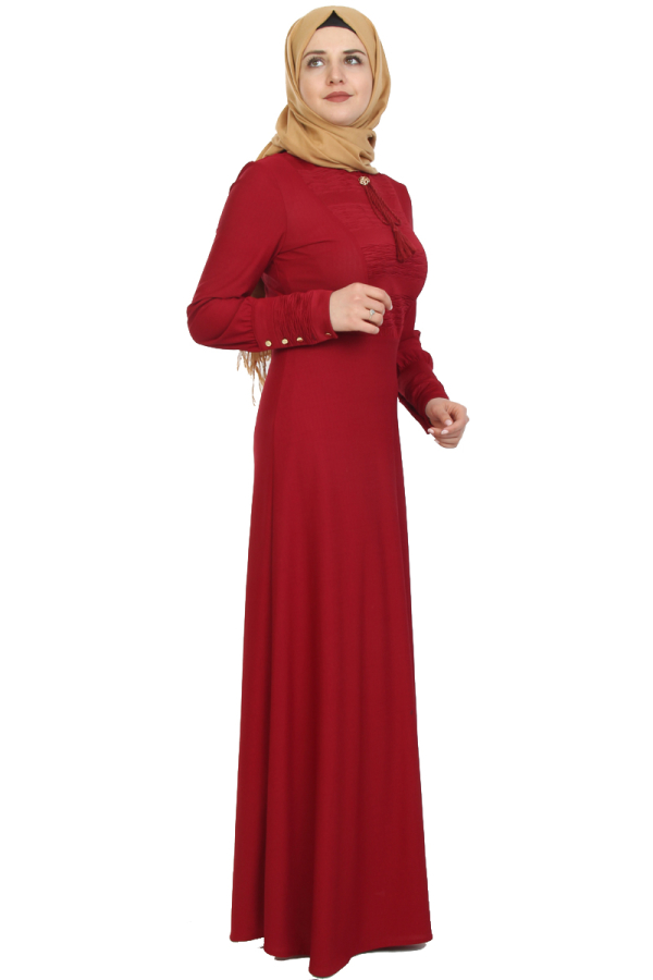Kolları Sık Düğmeli Broşlu Elbise-Bordo0078