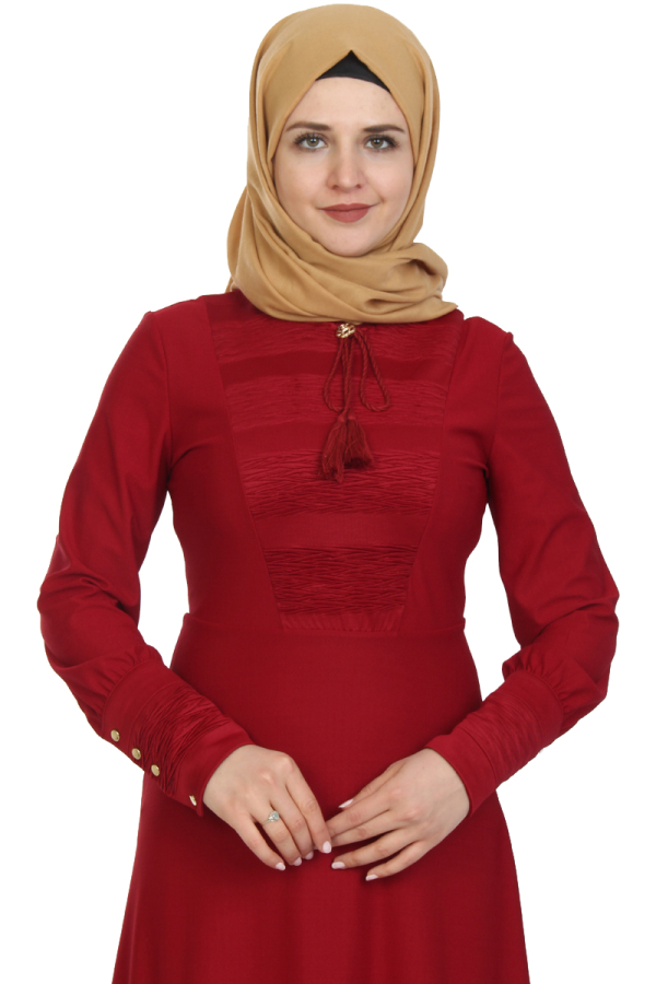 Kolları Sık Düğmeli Broşlu Elbise-Bordo0078