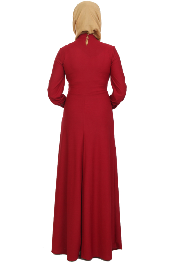 Kolları Sık Düğmeli Broşlu Elbise-Bordo0078
