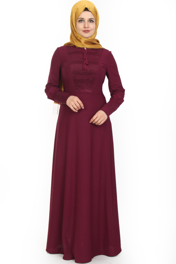 Kolları Sık Düğmeli Broşlu Elbise-Mürdüm0078