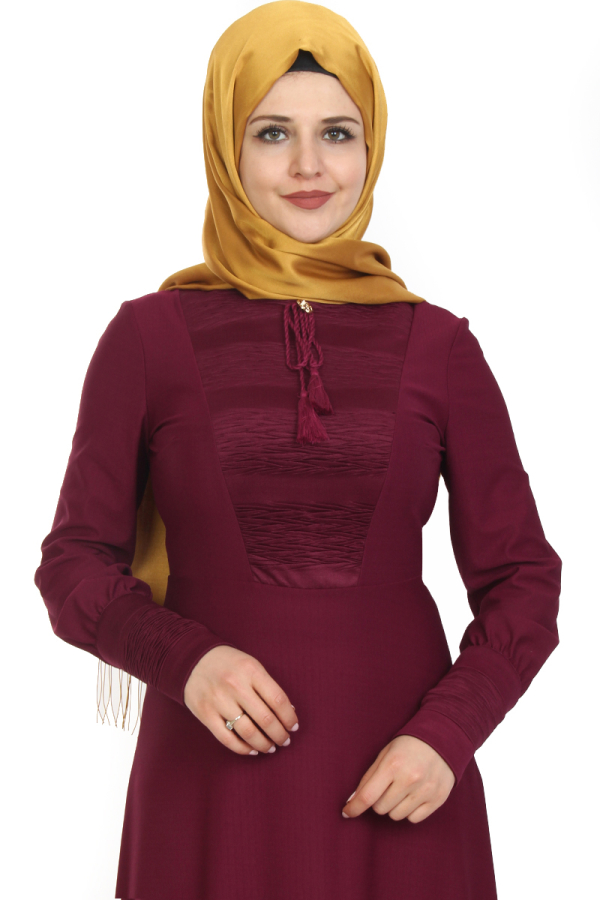 Kolları Sık Düğmeli Broşlu Elbise-Mürdüm0078