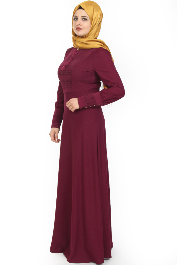Kolları Sık Düğmeli Broşlu Elbise-Mürdüm0078