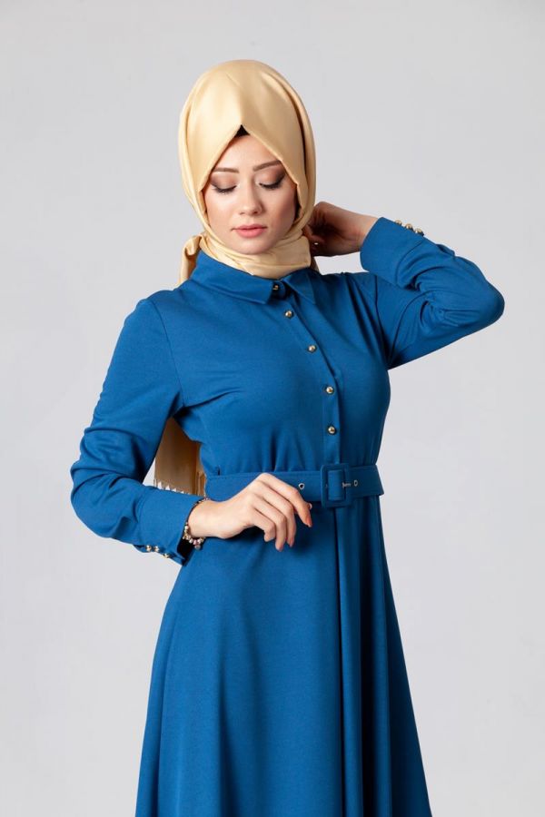 Kolları Sık Düğmeli Kemerli Elbise-0631 Mavi