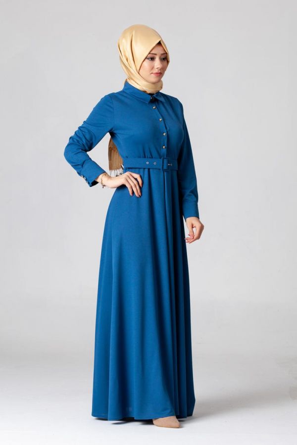 Kolları Sık Düğmeli Kemerli Elbise-0631 Mavi