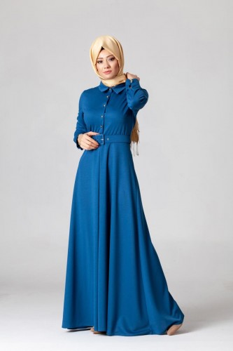Kolları Sık Düğmeli Kemerli Elbise-0631 Mavi - Thumbnail