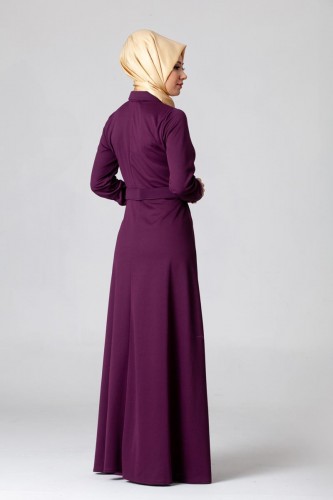 Kolları Sık Düğmeli Kemerli Elbise-0631 Mor - Thumbnail