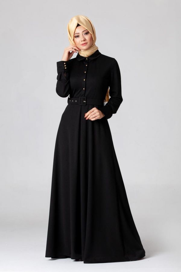 Kolları Sık Düğmeli Kemerli Elbise-0631 Siyah