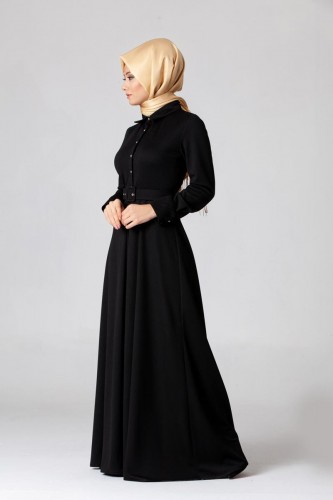 Kolları Sık Düğmeli Kemerli Elbise-0631 Siyah - Thumbnail