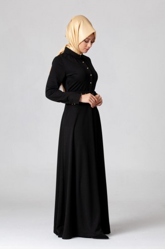 Kolları Sık Düğmeli Kemerli Elbise-0631 Siyah - Thumbnail