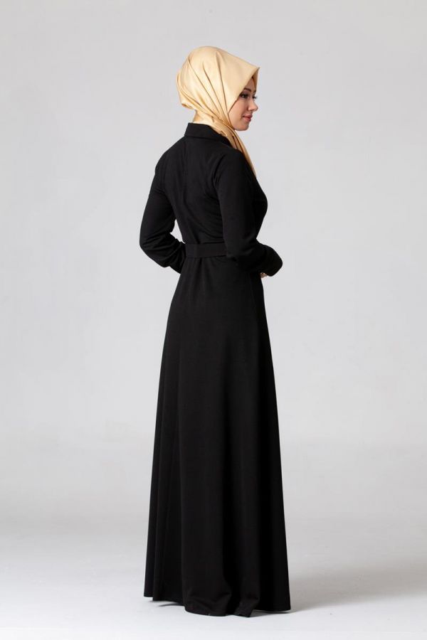 Kolları Sık Düğmeli Kemerli Elbise-0631 Siyah