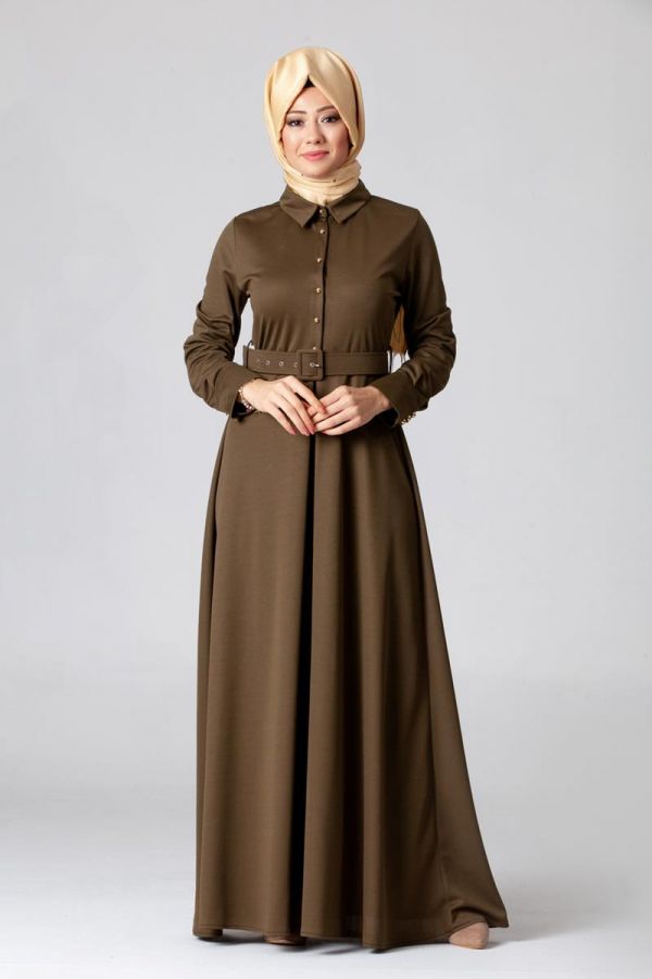 Kolları Sık Düğmeli Kemerli Elbise-0631Hakiyeşil