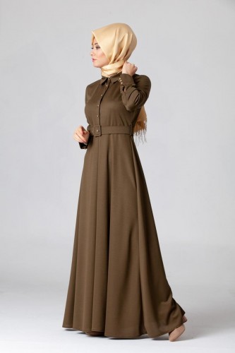 Kolları Sık Düğmeli Kemerli Elbise-0631Hakiyeşil - Thumbnail
