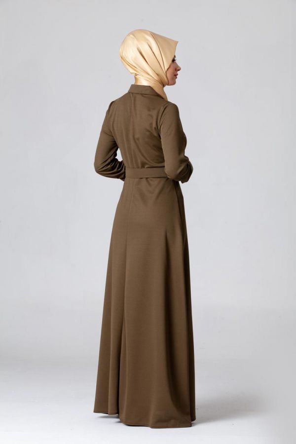 Kolları Sık Düğmeli Kemerli Elbise-0631Hakiyeşil