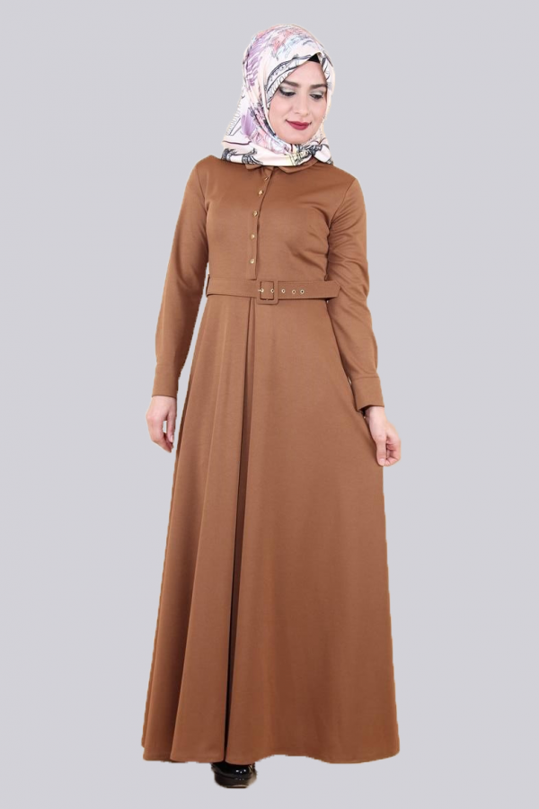 Kolları Sık Düğmeli Kemerli Elbise-0631Kahve