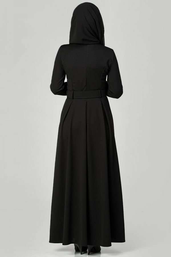Kolları Sık Düğmeli Tesettür Elbise-3538 Siyah