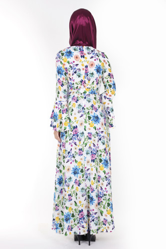 Kolları Volan Çiçek Desen Elbise-3030 Beyaz - Thumbnail