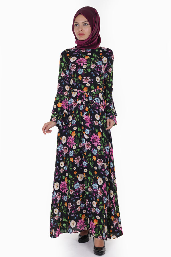 Kolları Volan Çiçek Desen Elbise-3030 Siyah - 1