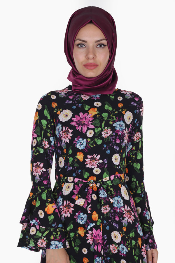 Kolları Volan Çiçek Desen Elbise-3030 Siyah - 2