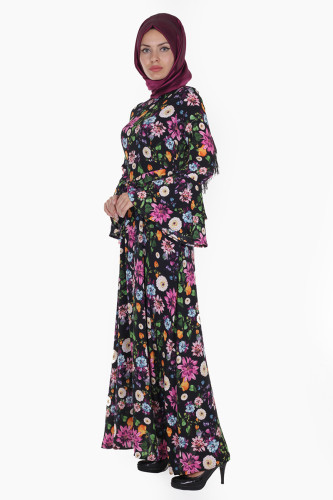 Kolları Volan Çiçek Desen Elbise-3030 Siyah - 3