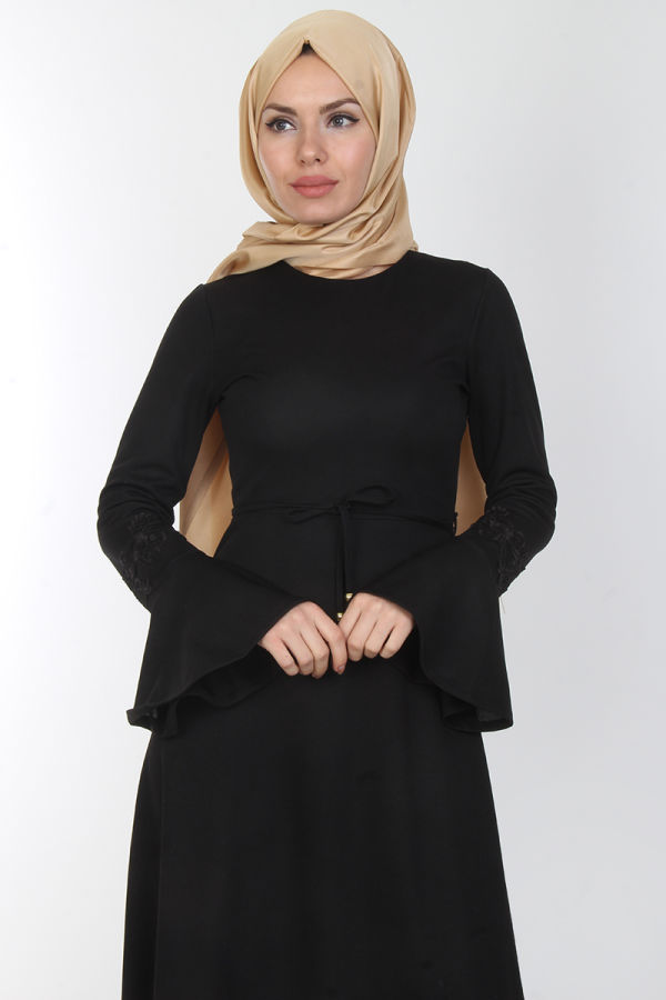 Kolları Volan Güpür Detay Elbise-00106Siyah