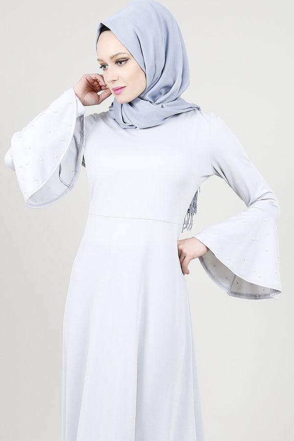 Kolları Volan İnci Detay Elbise-Gri00109