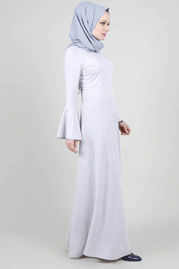 Kolları Volan İnci Detay Elbise-Gri00109