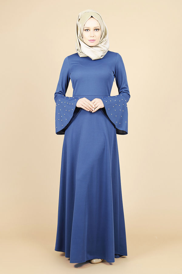 Kolları Volan İnci Detay Elbise-Mavi00109