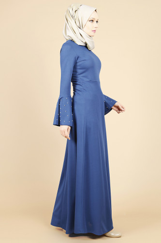 Kolları Volan İnci Detay Elbise-Mavi00109 - Thumbnail