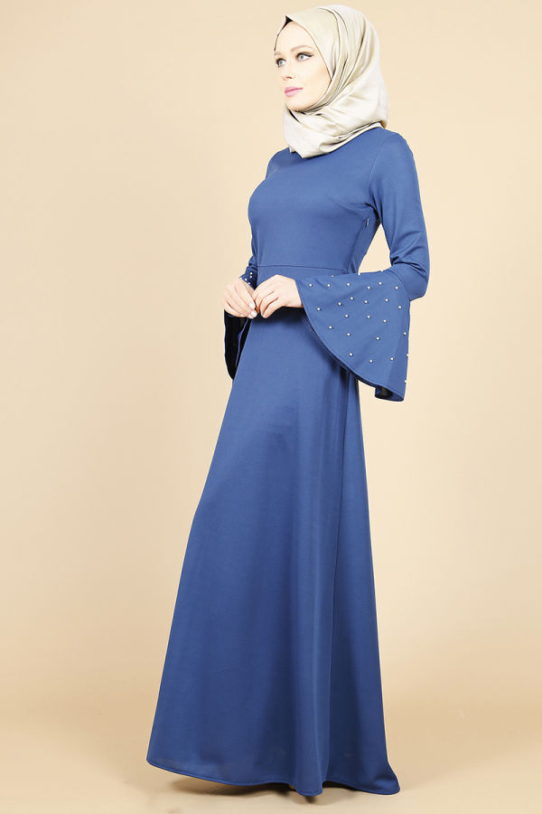 Kolları Volan İnci Detay Elbise-Mavi00109