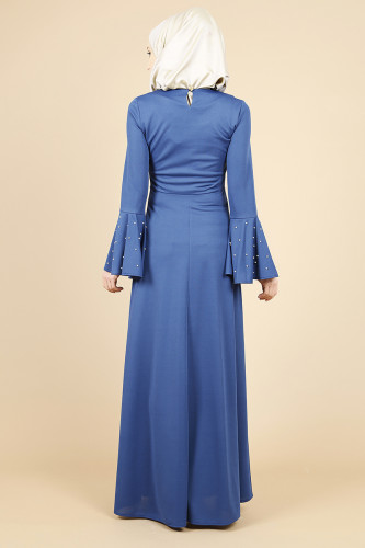 Kolları Volan İnci Detay Elbise-Mavi00109 - Thumbnail