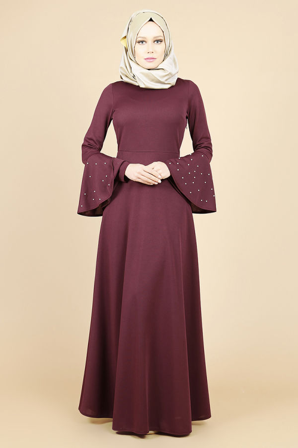 Kolları Volan İnci Detay Elbise-Mürdüm00109