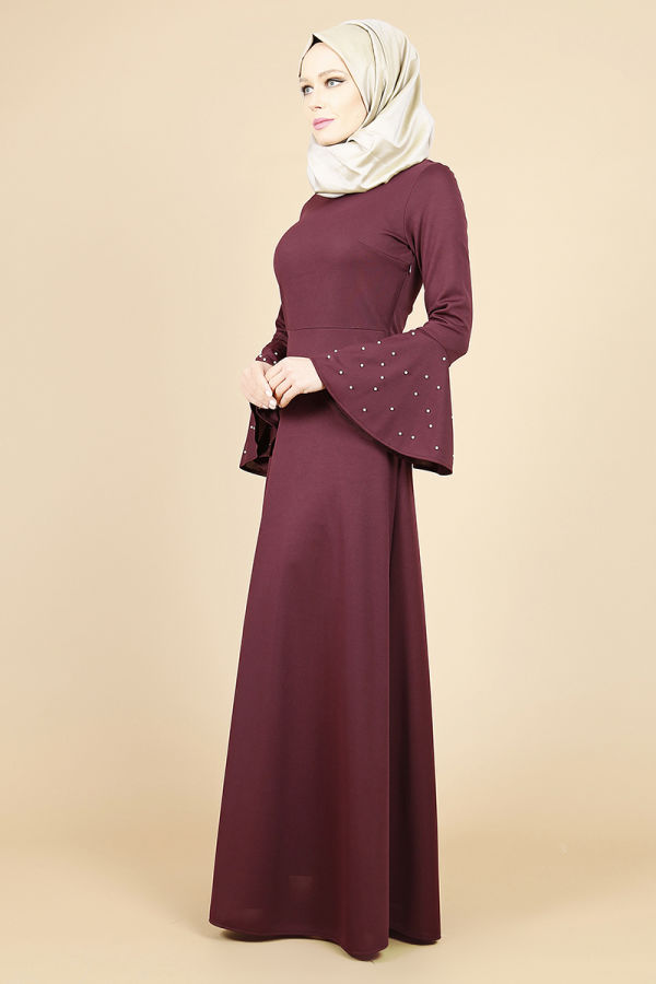 Kolları Volan İnci Detay Elbise-Mürdüm00109