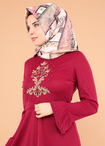 Kollari Volan Nakışlı Elbise-3537Mürdüm - 2