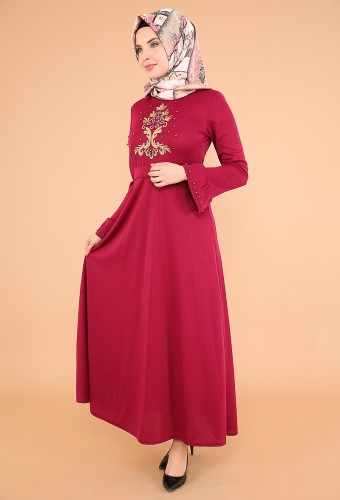 Kollari Volan Nakışlı Elbise-3537Mürdüm - 3