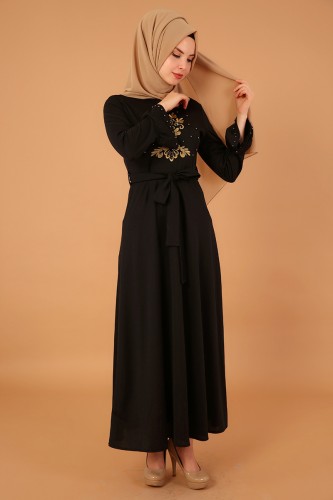 Kollari Volan Nakışlı Elbise-3537Siyah - Thumbnail