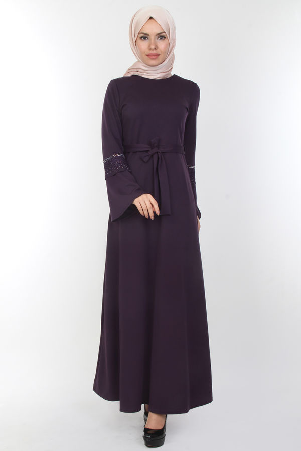 Kolları Volan Taş Detay Elbise-00163Mor