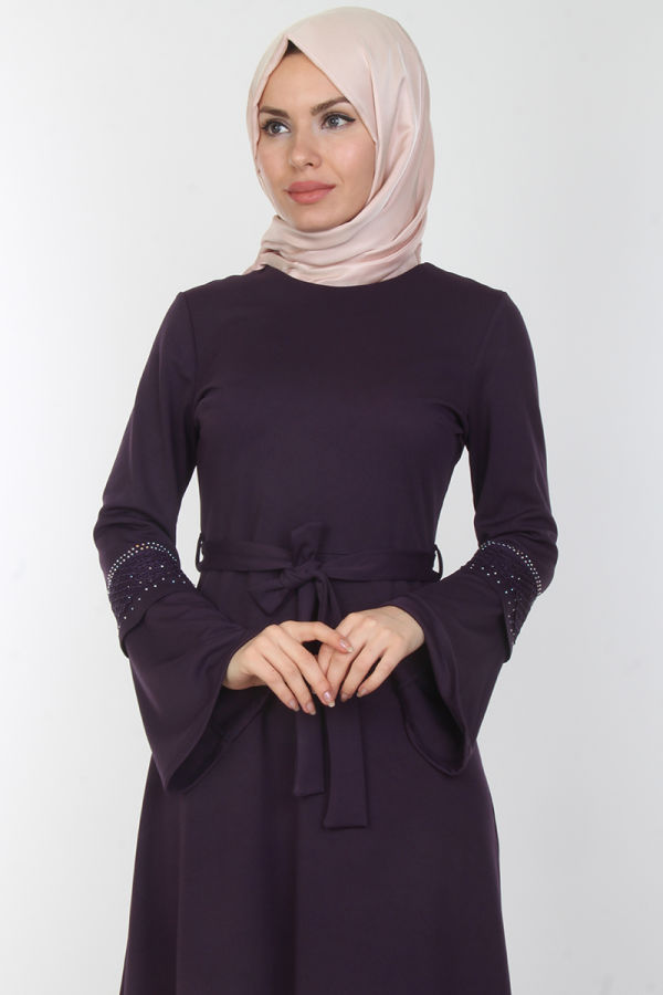 Kolları Volan Taş Detay Elbise-00163Mor