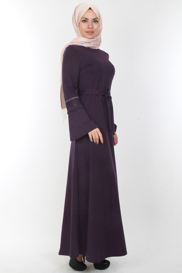 Kolları Volan Taş Detay Elbise-00163Mor