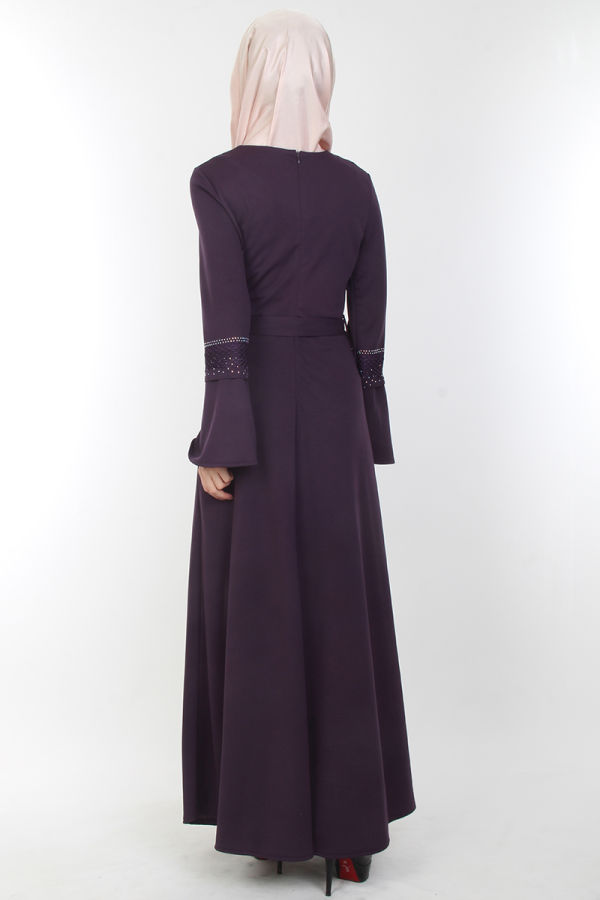 Kolları Volan Taş Detay Elbise-00163Mor