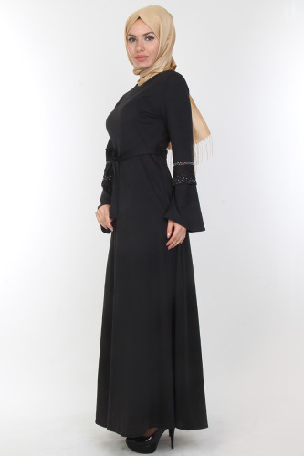 Kolları Volan Taş Detay Elbise-00163Siyah - Thumbnail